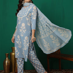 Women Iceblue Cotton Printed Round Neck Straight Kurta with Trouser & Dupatta