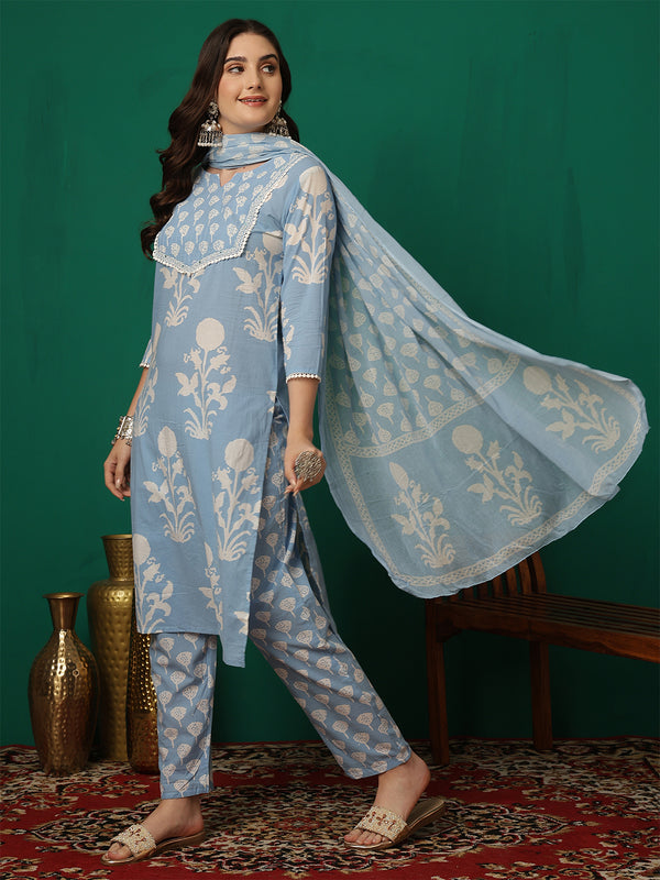 Women Iceblue Cotton Printed Round Neck Straight Kurta with Trouser & Dupatta