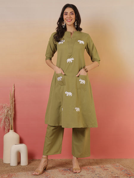 Women Solid Cotton Flex A-line Pocket Kurta with Palazzo Set