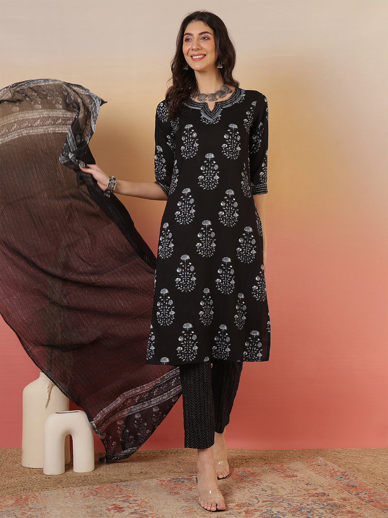 Women Black Cotton Yoke Design Kurta With Trouser & Dupatta