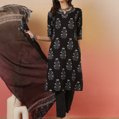 Women Black Cotton Yoke Design Kurta With Trouser & Dupatta