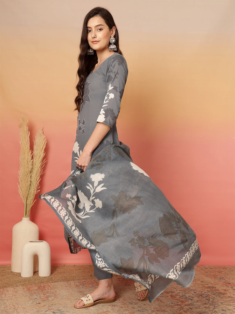 Women Cotton Printed Patch Work Kurta with Trouser & Dupatta