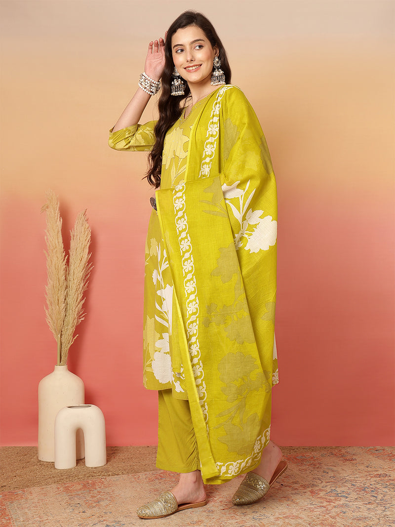 Women Cotton Printed Patch Work Kurta with Trouser & Dupatta