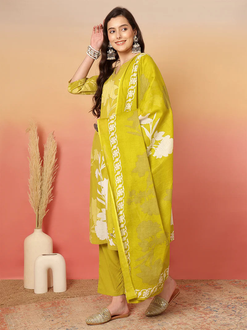 Women Cotton Printed Patch Work Kurta with Trouser & Dupatta