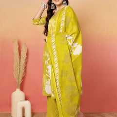 Women Cotton Printed Patch Work Kurta with Trouser & Dupatta