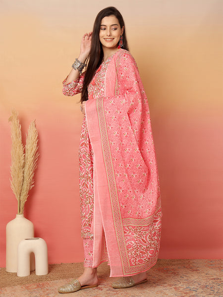 ANAISA Women Cotton Printed Round Neck, Gotta Work, Anarkali Kurta with Pant & Dupatta