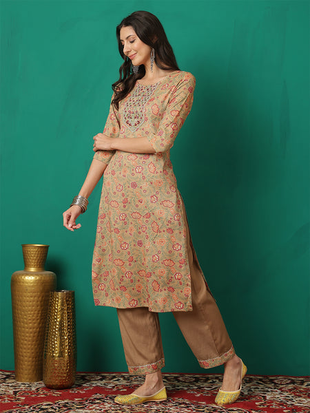 Women Brown Viscose Rayon Printed Straight Kurta with Trouser
