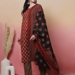 Women Cotton Hand Block Printed Kurta with Trouser & Dupatta