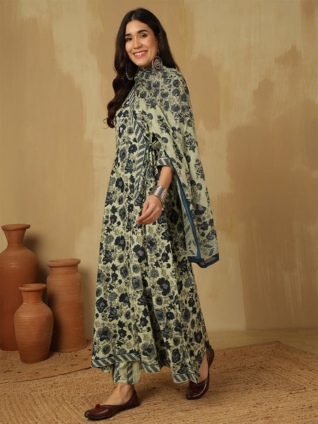 Women Blue Printed Anarkali Kurta With Pant & Dupatta