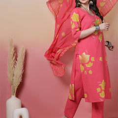 Women Coral Cotton Placement Printed Hand Work Kurta with Trouser & Dupatta