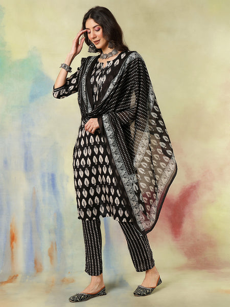 Women Black Viscose Rayon Discharge Printed Kurta With Trouser & Dupatta