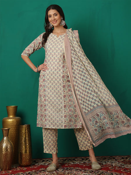 Women Offwhite Cotton Printed, Round Neck, 3/4 Sleeves, Calf Length Kurta with Trouser & Dupatta