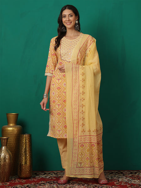 Women Yellow Cotton Round Neck, 3/4 Sleeves, Calf Length, Printed Kurta with Trouser & Dupatta