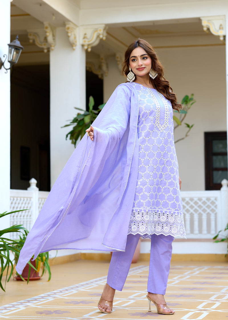 ANAISA Women cotton Schiffli embroidered Kurta with Trouser & Dupatta