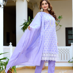 ANAISA Women cotton Schiffli embroidered Kurta with Trouser & Dupatta
