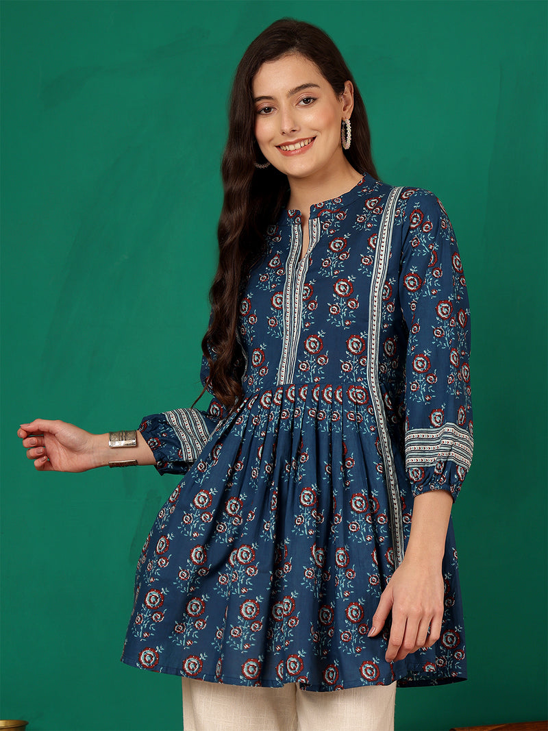 ANAISA Women Cotton Blue Printed Fit & Flare Summer Top