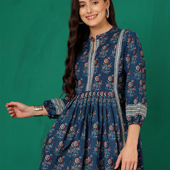 ANAISA Women Cotton Blue Printed Fit & Flare Summer Top