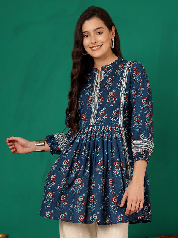 ANAISA Women Cotton Blue Printed Fit & Flare Summer Top
