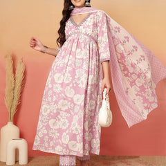 ANAISA Women Cotton Light Pink Floral Printed V-neck,Calf Length  Anarkali Kurta with Pant & Dupatta