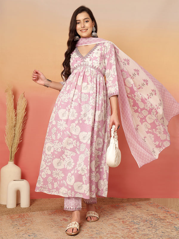ANAISA Women Cotton Light Pink Floral Printed V-neck,Calf Length  Anarkali Kurta with Pant & Dupatta