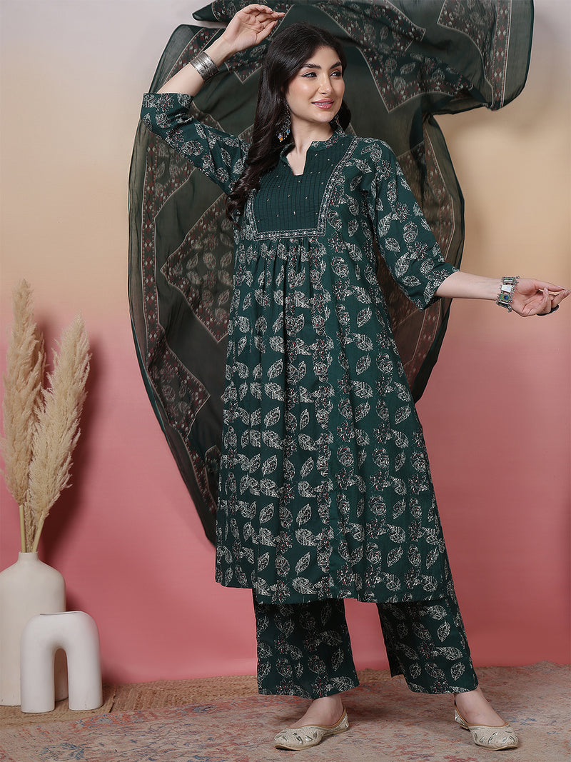 Women Green Floral Printed Hand Work Anarkali Kurta with Trouser & Dupatta