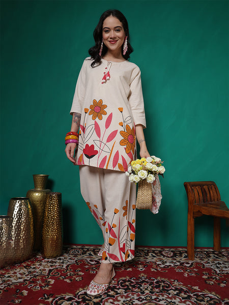 Women Cotton Flex Floral Printed Top with Trouser Co-ord Set