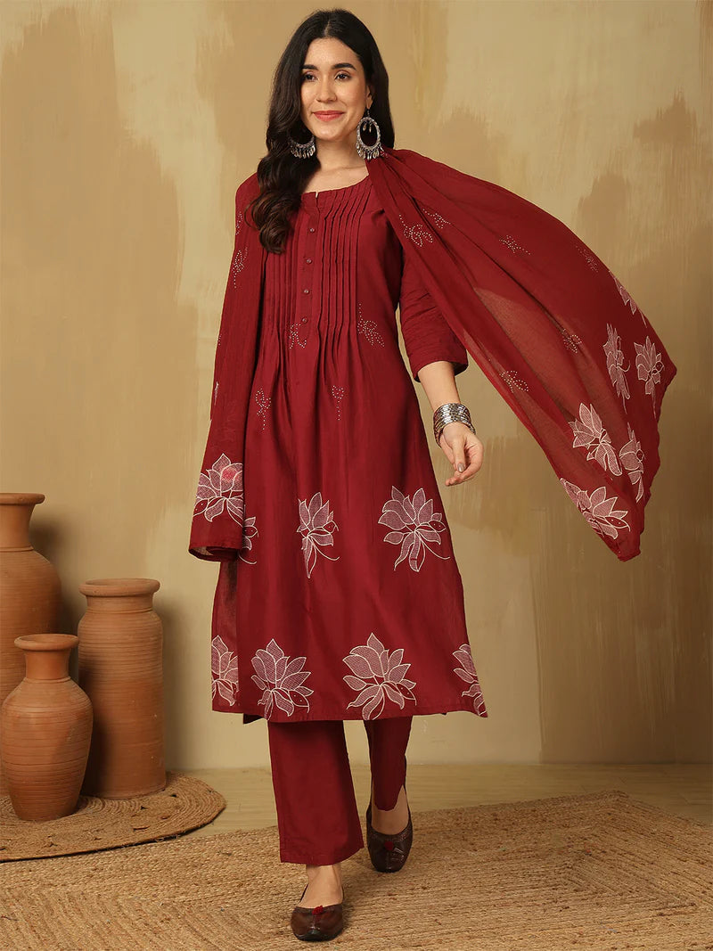 Women Cotton Discharge Printed A-line Kurta with Trouser & Dupatta