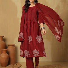 Women Cotton Discharge Printed A-line Kurta with Trouser & Dupatta