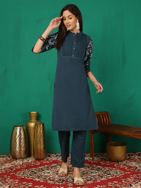 Women Navy Blue Silk Kurta With Trouser & Dupatta