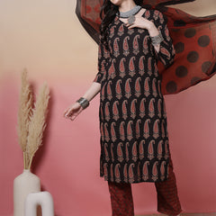 Women Black Block Printed Kurta with Trouser & Dupatta
