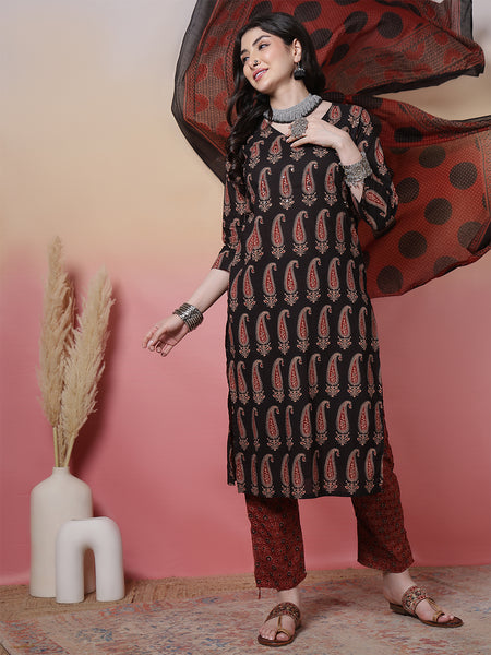 Women Black Block Printed Kurta with Trouser & Dupatta