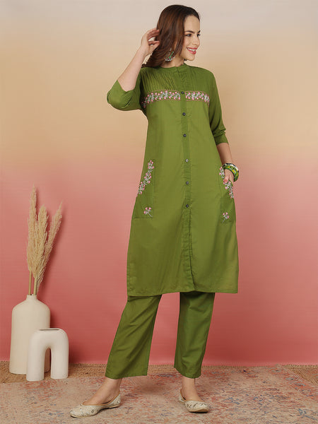 ANAISA Women Cotton, Yoke & Pocket Embroidery Kurta with Trouser