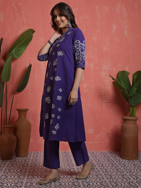 Women Cotton Flex Purple Figure Embroidery A-line Kurta with Trouser