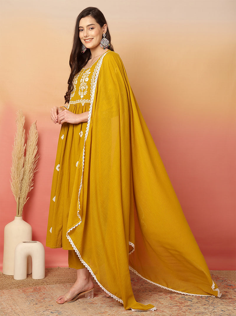 Women Cotton Mustard Embroidery Anarkali Kurta with Trouser & Dupatta