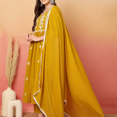 Women Cotton Mustard Embroidery Anarkali Kurta with Trouser & Dupatta