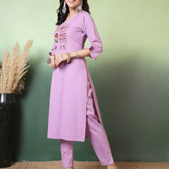 Women Lavender Cotton Flex Hand Work Kurta with Trouser Set