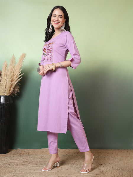 Women Lavender Cotton Flex Hand Work Kurta with Trouser Set