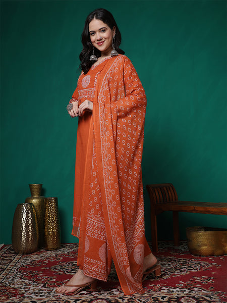 Women Cotton Bandhani Printed Kurta with Trouser & Dupatta