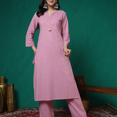 Women Lavender Cotton Flex Pocket Embroidery Kurta with Trouser Set