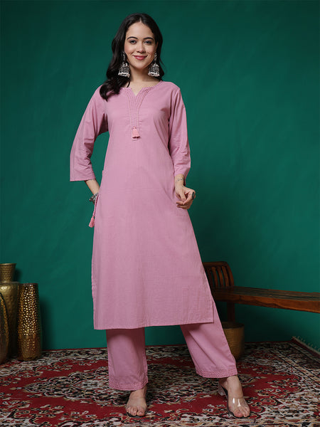 Women Lavender Cotton Flex Pocket Embroidery Kurta with Trouser Set