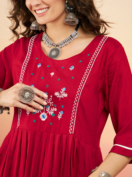 Women Red Yoke Deisgn A_Line Dress