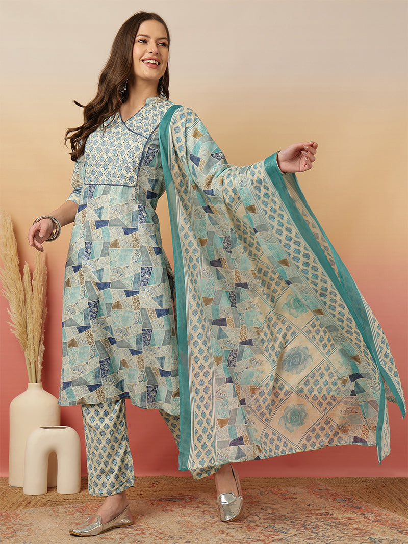 Women Blue Digital Printed V-neck Kurta with Trouser & Dupatta