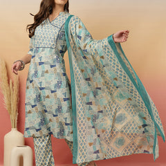 Women Blue Digital Printed V-neck Kurta with Trouser & Dupatta