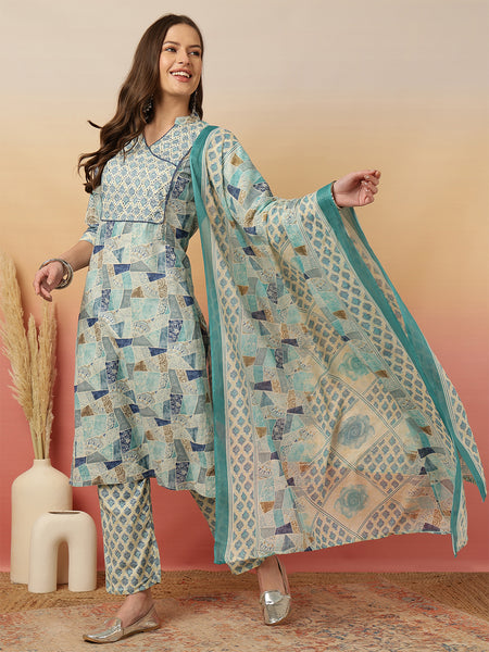 Women Blue Digital Printed V-neck Kurta with Trouser & Dupatta