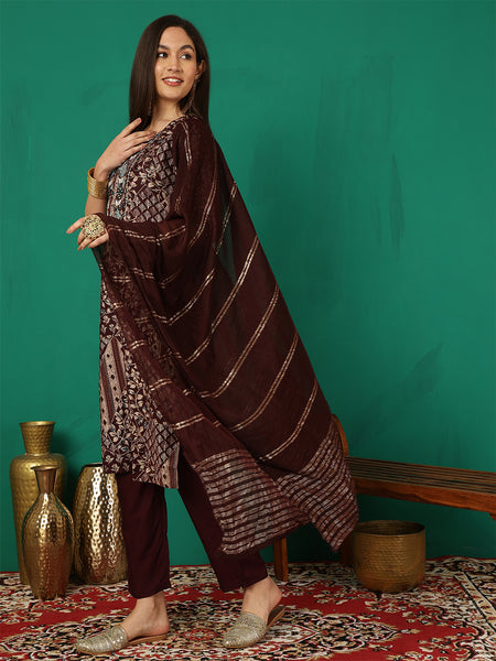 Women Brown Yoke Embroidery Kurta with Trouser & Dupatta