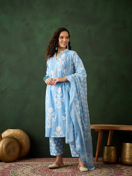 Women Cotton Light Blue Printed Hand Work Yoke Staright Kurta with Printed Trouser & Dupatta