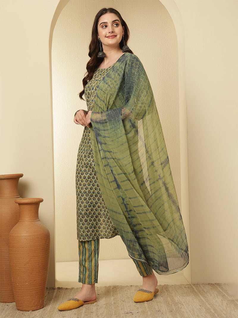 Women Cotton Printed Straight Kurta with Trouser & Dupatta