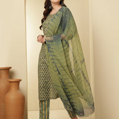 Women Cotton Printed Straight Kurta with Trouser & Dupatta