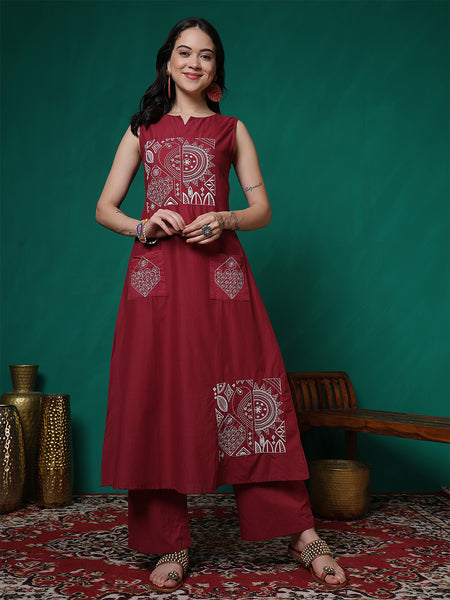 Women Cherry Red Pure Cotton Embroidery Kurta with attached sleeves and Palazzo Set