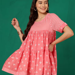ANAISA Women Cotton Pink Printed, Round Neck, Short Sleeves, Regular Length Fit & Flare Top